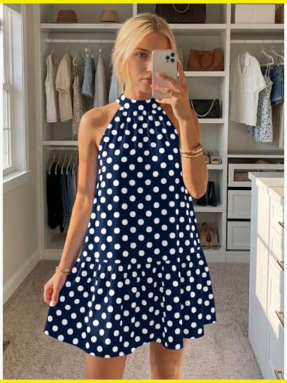 Polka Dot Halter Dress A-Line Mini Babydoll Summer Vacation Party Outfit - Picture 2 of 6